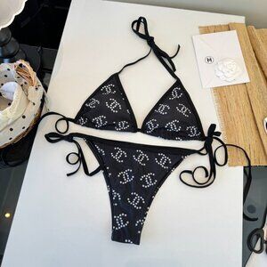 CHANEL Black Triangle Bikini with White Logo Dot Motif